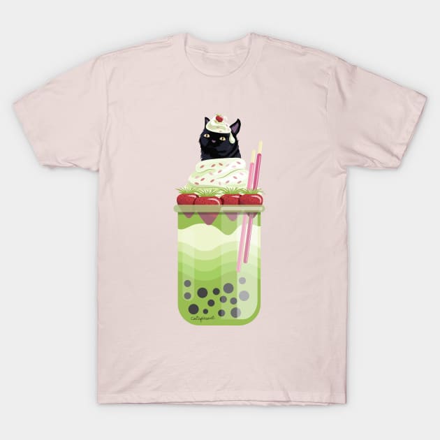 Black Cat Matcha Boba Tea (No Pattern) T-Shirt by catspireart